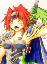 Rule 34 | 1girl, animal ears, armor, breasts, cape, cleavage, dragon girl, dragon tail, female focus, granberia, highres, large breasts, looking at viewer, mon-musu quest!, monster girl, red hair, scales, solo, sword, tail, tattoo, tiara, weapon, yellow eyes