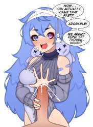 Rule 34 | 1boy, 1girl, bandaid, bandaid on shoulder, blue eyes, blue hair, blush, breasts, cum, detached sleeves, ejaculation, english text, erection, fiera, glansjob, handjob, heart, heart-shaped pupils, hetero, heterochromia, highres, long hair, long sleeves, looking at viewer, medium breasts, open mouth, original, penis, pov, projectile cum, purple eyes, second-party source, simple background, solo focus, speech bubble, symbol-shaped pupils, teeth, two-handed handjob, uncensored, upper teeth only, very long hair, white background