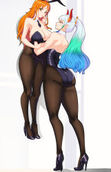 Rule 34 | 2girls, 47 hard, ass, breasts, cleavage, earrings, high heels, highres, horn ornament, horns, jewelry, large breasts, leotard, lifting person, long hair, looking at viewer, multiple girls, nami (one piece), one piece, orange hair, pantyhose, playboy bunny, ponytail, rabbit ears, rabbit tail, simple background, size difference, tagme, white background, white hair, yamato (one piece)
