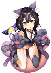 Rule 34 | 1girl, animal ear fluff, animal ears, animal hands, black hair, black panties, breasts, commentary request, fate/kaleid liner prisma illya, fate (series), from above, full body, fur trim, garter belt, gloves, gluteal fold, grey thighhighs, hair between eyes, hair ornament, hairclip, highres, looking at viewer, loose thighhigh, magical sapphire, medium hair, midriff, miyu edelfelt, navel, open mouth, panties, paw gloves, paw pose, ribbon, sidelocks, simple background, sitting, small breasts, solo, tetsubuta, thighhighs, twintails, underwear, wariza, white background, yellow eyes