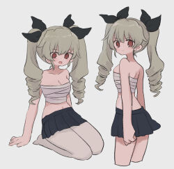 Rule 34 | 1girl, anchovy (girls und panzer), bare shoulders, black ribbon, black skirt, brown eyes, closed mouth, commentary, cropped legs, drill hair, from side, frown, girls und panzer, green hair, grey background, hair ribbon, highres, kneeling, long hair, looking at viewer, looking back, miniskirt, multiple views, navel, no shirt, open mouth, pantyhose, pleated skirt, ri (qrcode), ribbon, simple background, skirt, standing, twin drills, twintails, white pantyhose