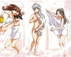 Rule 34 | 4girls, breast envy, bucket, chitose (kancolle), covering breasts, covering crotch, covering privates, fine art parody, hair censor, hair down, hair over breasts, hair over one breast, houshou (kancolle), kaga (kancolle), kantai collection, kobamiso (kobalt), long hair, multiple girls, parody, ryuujou (kancolle), standing, the birth of venus, towel, unryuu (kancolle)