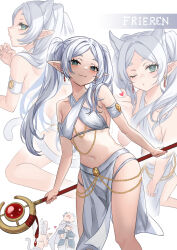 Rule 34 | 1boy, 1girl, :3, armband, bare shoulders, blowing kiss, chain, commentary request, criss-cross halter, elf, frieren, halterneck, head tilt, heart, highres, himmel (sousou no frieren), holding, holding staff, midriff, multiple girls, multiple views, navel, o3o, pelvic curtain, pointy ears, sousou no frieren, staff, standing, stomach, ten-chan (eternal s), thighs, thumbs up, twintails, white background, white hair