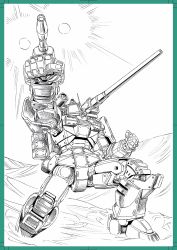 Rule 34 | arm cannon, border, clenched hands, dougram, firing, green border, greyscale, highres, lineart, looking up, mecha, monochrome, no humans, ohtagaki yasuo, on one knee, robot, shoulder cannon, solo, taiyou no kiba dougram, weapon