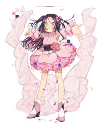 Rule 34 | 1girl, absurdres, black hair, black sash, cherry blossoms, commentary, flower, flower skirt, full body, gotou (nekocat), hair flower, hair ornament, high heels, highres, japanese clothes, kimono, kimono skirt, long hair, looking at viewer, multicolored hair, obi, original, outstretched arms, parted lips, petals, pink eyes, pink footwear, pink hair, pink kimono, reiwa, sash, smile, solo, two-tone hair, two side up, white background