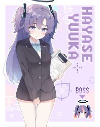 Rule 34 | blue archive, collared shirt, formal, halo, highres, i-tsd, miniskirt, parted bangs, pleated skirt, purple eyes, purple hair, shirt, sidelocks, skirt, suit, two side up, wavy mouth, white shirt, yuuka (blue archive)