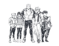 Rule 34 | 1girl, 4boys, blackcatlandr, boots, commentary request, full body, greyscale, grin, hand up, height difference, highres, holding, holding map, holding phone, hood, hooded jacket, jacket, long hair, map, protagonist 1 (housamo), protagonist 2 (housamo), protagonist 3 (housamo), protagonist 4 (housamo), protagonist 5 (housamo), monochrome, multiple boys, muscular, muscular male, open clothes, open jacket, pantyhose, partially unzipped, phone, scarf, shoes, short hair, shorts, smile, sneakers, sweater, tokyo houkago summoners, turtleneck, turtleneck sweater, white background