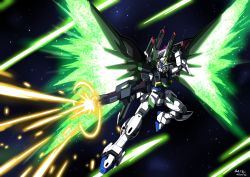 Rule 34 | absurdres, character request, commentary, commission, dated, energy, english commentary, full body, glowing, green eyes, gun, gundam, highres, holding, holding gun, holding weapon, innovator123, mecha, outdoors, robot, signature, sky, space, star (sky), starry sky, weapon, wings