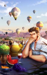 Rule 34 | 1boy, aircraft, alca (wakatanka4), animal ears, bara, beard, character doll, commission, cup, drinking glass, elbow rest, facial hair, food, fruit, grapes, highres, hot air balloon, looking at viewer, male focus, muscular, muscular male, orange (fruit), original, partially unbuttoned, pectoral cleavage, pectorals, powerlesssong, red eyes, shirt, short hair, sky, sleeves rolled up, solo, sunlight, sunset, thick eyebrows, tiger boy, tiger ears, upper body, watermelon, watermelon slice, white shirt, wine glass