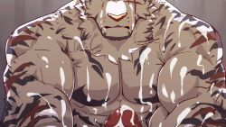 Rule 34 | 1boy, abs, arknights, autofacial, bad id, bad pixiv id, bara, chest hair, close-up, completely nude, cum, cum on body, cum on male, cum on pectorals, cum on self, erection, facial, furry, furry male, highres, istani, large pectorals, male focus, mountain (arknights), muscular, muscular male, nude, paid reward available, pectoral focus, pectorals, penis, paid reward available, scar, scar on arm, solo, tiger boy, tiger stripes, uncensored, white fur, white hair