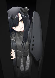 Rule 34 | 1girl, black background, black dress, black hair, commentary request, crying, crying with eyes open, dress, frown, gate, girls&#039; frontline, head tilt, headgear, long hair, nyto (girls&#039; frontline), mercurows (girls&#039; frontline), paradeus, sleeves past wrists, solo, stuck, tears, wo chi xiangjiao pi, yellow eyes