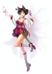 Rule 34 | 1girl, ahri (league of legends), alternate hairstyle, animal ears, black hair, breasts, cleavage, collarbone, dynasty ahri, facial mark, fox ears, fox tail, hair bun, hair ornament, hair stick, highres, korean clothes, large breasts, league of legends, long sleeves, multiple tails, official alternate costume, short hair, simple background, single hair bun, smile, solo, tail, whisker markings, white background, yellow eyes