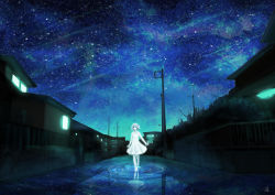 Rule 34 | 1girl, arms at sides, blue theme, dress, gingami, glowing, gradient background, highres, night, original, outstretched arm, perspective, reflection, ripples, scenery, signature, sky, solo, star (sky), starry sky, sundress, wading, walking, water, white dress