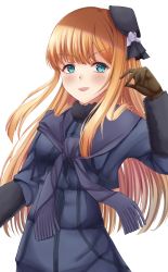 Rule 34 | 1girl, :d, absurdres, black hat, blonde hair, blue eyes, blue jacket, blush, brown gloves, fate/grand order, fate (series), fur collar, gloves, hand up, hat, highres, huge filesize, jacket, long hair, long sleeves, looking at viewer, open mouth, reines el-melloi archisorte, simple background, smile, solo, tapume, tilted headwear, upper body, white background