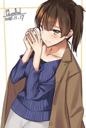 Rule 34 | 1girl, alternate costume, artist name, bad id, bad twitter id, blue sweater, brown coat, brown eyes, brown hair, clothes on shoulders, coat, cowboy shot, dated, jewelry, kaga (kancolle), kantai collection, pallad, ribber sweater, ring, short hair, side ponytail, solo, sweater, wedding band