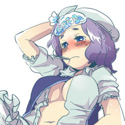Rule 34 | 1girl, bad id, bad pixiv id, blue eyes, blush, breasts, female focus, letty whiterock, medium breasts, open clothes, open shirt, purple hair, shirt, short hair, sick, simple background, solo, tears, thermometer, touhou, white background, yukataro