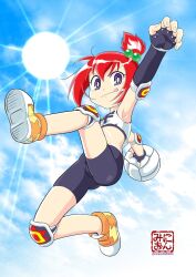 Rule 34 | 1girl, :q, arm up, armpits, ass, ball, bike shorts, black gloves, black shorts, blue eyes, brown hair, cloud, elbow gloves, fingerless gloves, from below, gloves, hair bobbles, hair ornament, highres, honoo no toukyuujo: dodge danko, ichigeki danko, jumping, knee pads, leg up, legs, looking at viewer, looking down, midriff, minion20201001, orange footwear, outdoors, outstretched arms, shirt, shoes, short hair, shorts, side ponytail, sky, sleeveless, sleeveless shirt, smile, solo, sportswear, sun, thighs, tongue, tongue out, white shirt