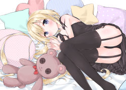 Rule 34 | 1girl, ass, bare arms, bare shoulders, bed sheet, black dress, black panties, black thighhighs, blonde hair, blue eyes, blush, bow, bow panties, commentary request, dress, garter straps, heart, heart-shaped pillow, highres, long hair, looking at viewer, lying, no shoes, on side, original, panties, pantyshot, pillow, polka dot, polka dot pillow, print pillow, red bow, sleeveless, sleeveless dress, solo, star (symbol), star-shaped pillow, star print, striped, stuffed animal, stuffed toy, teddy bear, thighhighs, tia-chan, uchuuneko, underwear, vertical stripes, very long hair, white background