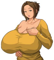 Rule 34 | 1girl, breasts, brown eyes, brown hair, cleavage, female focus, gigantic breasts, lips, mature female, short hair, simple background, solo, standing, sugata (artist), upper body, white background