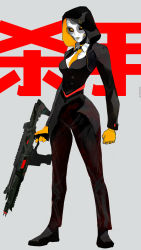 Rule 34 | 1girl, absurdres, alternate costume, android, apex legends, ash (titanfall 2), assault rifle, black footwear, black jacket, black necktie, black pants, black sclera, black vest, breasts, clenched hand, colored sclera, commentary, english commentary, expressionless, full body, gun, highres, holding, holding gun, holding weapon, hood, hood up, hooded jacket, jacket, looking at viewer, medium breasts, necktie, orange eyes, orange necktie, pants, peter chai, r-301 carbine, rifle, shoes, simulacrum (titanfall), solo, vest, weapon