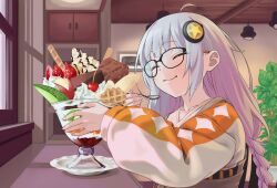 Rule 34 | 1girl, a.i. voice, ahoge, braid, brown overalls, cafe, ceiling light, closed eyes, closed mouth, collarbone, commentary, eating, from side, glasses, hair ornament, highres, indoors, kashia (cassia ak), kizuna akari, kizuna akari (a.i. voice), long hair, long sleeves, on chair, orange shirt, overalls, parfait, picture frame, plant, potted plant, puffy long sleeves, puffy sleeves, shirt, sitting, smile, solo, two-tone shirt, upper body, voiceroid, white hair, white shirt, window
