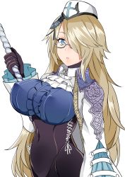 Rule 34 | 1girl, blonde hair, bloodstained: curse of the moon 2, bloodstained (series), blue eyes, breasts, dominique (bloodstained), glasses, hat, highres, large breasts, long hair, looking at viewer, one eye covered, ririfu, simple background, solo, white background