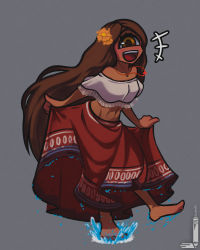 Rule 34 | 1girl, :d, brown eyes, brown hair, clothes lift, collarbone, cyclops, dark-skinned female, dark skin, full body, happy, highres, jewelry, lifting own clothes, loen, long hair, long skirt, midriff, navel, necklace, off-shoulder shirt, off shoulder, one-eyed, open mouth, original, red skirt, shirt, skirt, skirt lift, smile, solo, splashing, very long hair, water