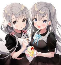 Rule 34 | 2girls, black dress, black shirt, black skirt, blue eyes, blush, braid, braided bangs, brown eyes, cake, commentary request, dress, earrings, food, fork, fruit, grey hair, hair ribbon, highres, hisakawa hayate, hisakawa nagi, holding, holding fork, idolmaster, idolmaster cinderella girls, idolmaster cinderella girls starlight stage, jewelry, kanda done, long hair, long skirt, looking at viewer, low twintails, multiple girls, open mouth, ribbon, shirt, short sleeves, siblings, simple background, sisters, skirt, smile, strawberry, twins, twintails, white background