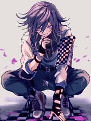 Rule 34 | 1boy, baggy clothes, black nails, black pants, black scarf, blood, checkered clothes, danganronpa (series), danganronpa v3: killing harmony, fingerless gloves, full body, gloves, hair between eyes, highres, jewelry, looking at viewer, male focus, nail polish, necklace, oma kokichi, pants, pink blood, purple eyes, purple hair, ring, scarf, short hair, simple background, smile, solo, squatting, urami0310, white footwear