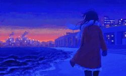 Rule 34 | 1girl, absurdres, beach, black hair, black pantyhose, blue theme, building, coat, coma (ina co ma), commentary request, facing away, from behind, highres, lamppost, long sleeves, medium hair, ocean, original, outdoors, overpass, pantyhose, pleated skirt, red coat, scarf, shore, skirt, smoke, solo, twilight, walking