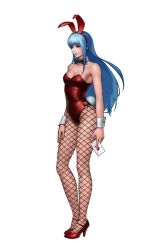 Rule 34 | 1girl, animal ears, bare shoulders, blue hair, bow, bowtie, breasts, card, cleavage, detached collar, fake animal ears, fishnet pantyhose, fishnets, full body, high heels, kula diamond, leon (s-damianvencedor), long hair, pantyhose, playboy bunny, playing card, rabbit ears, rabbit tail, red eyes, red footwear, shoes, solo, standing, tail, the king of fighters, white background, wrist cuffs
