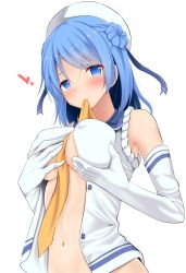 Rule 34 | 10s, 1girl, bare shoulders, between breasts, blue eyes, blue hair, blush, breasts, buttons, covered erect nipples, double bun, elbow gloves, gloves, hair bun, hand on breast, hat, heart, kantai collection, large breasts, long hair, looking at viewer, matching hair/eyes, mouth hold, navel, open clothes, sailor hat, school uniform, serafuku, simple background, sleeves rolled up, solo, standing, takeyuu, underboob, upper body, urakaze (kancolle), white background, white gloves, white hat