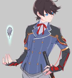 Rule 34 | 10s, 1boy, black hair, blood, blood on face, blood on clothes, blue eyes, crystal, double-breasted, gauntlets, hanadi (hndboo), hand on own hip, horikawa kunihiro, looking to the side, male focus, pinstripe pattern, ribbon, short hair, simple background, solo, touken ranbu, uniform, upper body