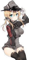 Rule 34 | 10s, 1girl, absurdres, adjusting clothes, adjusting headwear, anchor, aqua eyes, bad id, bad twitter id, between legs, black thighhighs, blonde hair, blush, breasts, closed mouth, epaulettes, gloves, grey jacket, hair between eyes, hand between legs, hat, highres, impossible clothes, jacket, kantai collection, kurut, kurutsu, long hair, long sleeves, looking at viewer, medium breasts, peaked cap, prinz eugen (kancolle), simple background, sitting, skindentation, smile, solo, thighhighs, thighs, twintails, white background, white gloves