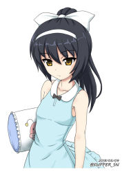 Rule 34 | 10s, 1girl, alternate hairstyle, anglerfish, aqua dress, black bow, black hair, bow, brown eyes, commentary request, dated, dress, emblem, fish, flipper, frilled dress, frills, girls und panzer, hair bow, hair up, hairband, holding, holding pillow, long hair, looking at viewer, medium dress, one-hour drawing challenge, partial commentary, pillow, ponytail, reizei mako, simple background, sleeveless, sleeveless dress, solo, twitter username, upper body, white background, white bow, white hairband