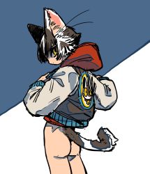 Rule 34 | 1other, androgynous, animal ears, ass, black hair, bottomless, cat ears, cat tail, closed mouth, cowboy shot, flower, from behind, grey hair, highres, hood, hooded jacket, jacket, letterman jacket, long sleeves, looking at viewer, looking back, multicolored hair, original, shima (wansyon144), short hair, standing, tail, two-tone hair, white hair, yellow flower