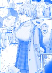 Rule 34 | 2girls, alternate hairstyle, backpack, bag, blue theme, blush, breasts, bulletin board, collarbone, comic, commentary request, denim, emphasis lines, faceless, faceless male, flyer, flying sweatdrops, getsuyoubi no tawawa, gimai-chan (tawawa), hair ornament, hairclip, hands in pockets, heart, heart in mouth, highres, himura kiseki, jacket, jeans, large breasts, light smile, monochrome, multiple girls, no pupils, open mouth, pants, pantyhose, peeking out, plaid, plaid skirt, ribbed sweater, shaded face, shirt, short hair, silent comic, skirt, smile, surprised, sweatdrop, sweater, textbook, translation request, wavy mouth