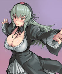 Rule 34 | 00s, 1girl, breasts, cleavage, detached collar, dress, green hair, grey hair, headdress, hyougintou, large breasts, lips, long hair, outstretched arms, purple background, red eyes, rozen maiden, simple background, smile, solo, spread arms, tsuda nanafushi