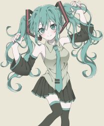 Rule 34 | 1girl, aqua necktie, azuki (ckxs7444), black thighhighs, blouse, blue eyes, blue hair, bunching hair, detached sleeves, feet out of frame, female focus, grey shirt, hatsune miku, highres, holding, holding hair, knees together feet apart, legs together, long hair, looking at viewer, nail polish, necktie, shirt, simple background, skirt, sleeveless, sleeveless shirt, smile, solo, standing, thighhighs, twintails, very long hair, vocaloid, zettai ryouiki