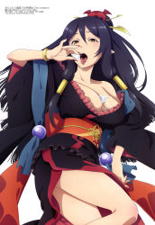 Rule 34 | 1girl, absurdres, arifureta shokugyou de sekai saikyou, bare shoulders, black hair, breasts, cleavage, frilled kimono, frills, furisode, hair between eyes, highres, ice, ice cream cone, ice cube, japanese clothes, kimono, large breasts, long hair, looking at viewer, megami magazine, nail polish, obi, official art, open mouth, ponytail, sash, sexually suggestive, simple background, solo, tio clarce, tongue, tongue out, white background, yukata