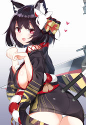 Rule 34 | 1girl, absurdres, animal ears, ass, azur lane, black hair, bow, breasts, commentary, fang, gradient background, hair bow, hair ornament, heart, highres, japanese clothes, kamioka shun&#039;ya, large breasts, long sleeves, looking at viewer, mask, mask on head, open mouth, panties, pantyshot, paw pose, red eyes, short hair, sideboob, solo, turret, underwear, white panties, wide sleeves, yamashiro (azur lane)