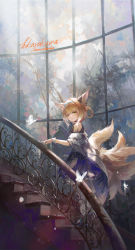 Rule 34 | 1girl, absurdres, animal ear fluff, animal ears, aqua hairband, arknights, blonde hair, blue hairband, bug, butterfly, daylightallure, fox ears, fox girl, fox tail, grey hairband, hair ears, hair rings, hairband, highres, insect, kitsune, kyuubi, looking at viewer, material growth, mongoose ears, multiple tails, oripathy lesion (arknights), stairs, stone stairs, suzuran (arknights), tail