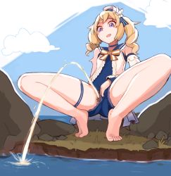Rule 34 | 1girl, barbara (genshin impact), blonde hair, blue eyes, censored, clothing aside, genshin impact, highres, icypinkflame, lake, open mouth, outdoors, peeing, pussy, shorts, shorts aside, smile, solo, squatting, water