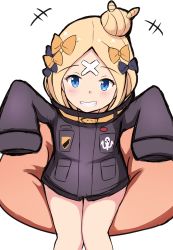 Rule 34 | +++, 1girl, abigail williams (fate), abigail williams (traveling outfit) (fate), absurdres, arms up, black bow, black jacket, blonde hair, blue eyes, blush, bow, commentary request, fate/grand order, fate (series), grin, hair bow, hair bun, highres, jacket, long hair, long sleeves, looking at viewer, mitchi, official alternate costume, orange bow, parted bangs, simple background, single hair bun, sitting, sleeves past fingers, sleeves past wrists, smile, solo, white background