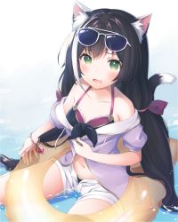 Rule 34 | 1girl, animal ear fluff, animal ears, bikini, bikini under clothes, black bikini, black hair, blurry, blurry background, blush, bow, breasts, brown bow, cat ears, cat girl, cat tail, cleavage, collarbone, commentary request, depth of field, eyewear on head, green eyes, hair between eyes, hair bow, innertube, jacket, kanora, karyl (princess connect!), karyl (summer) (princess connect!), long hair, multicolored hair, navel, off shoulder, open clothes, open fly, open mouth, open shorts, princess connect!, puffy short sleeves, puffy sleeves, purple jacket, shallow water, short sleeves, shorts, sitting, small breasts, solo, streaked hair, sunglasses, swim ring, swimsuit, tail, transparent, very long hair, water, white-framed eyewear, white hair, white shorts