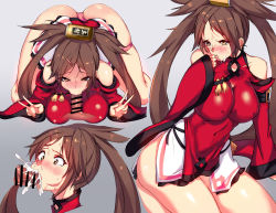 Rule 34 | 1boy, 1girl, ass, bar censor, bare shoulders, blush, boots, breasts, brown eyes, brown hair, censored, cheek bulge, china dress, chinese clothes, cum, cum in mouth, detached sleeves, double v, dress, ejaculation, fellatio, guilty gear, guilty gear xrd, hair ornament, hetero, highres, kuradoberi jam, large breasts, long hair, negresco, oral, panties, penis, sequential, skirt, underwear, v, very long hair