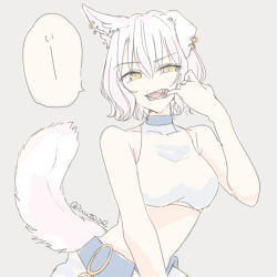 Rule 34 | 1girl, animal ears, bare shoulders, breasts, crop top, ear picking, fangs, finger in own mouth, grey background, hand up, inutose, looking at viewer, midriff, original, shirt, short hair, simple background, sleeveless, sleeveless shirt, small breasts, solo, speech bubble, tail, twitter username, upper body, white hair, yellow eyes