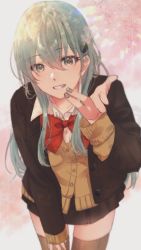 Rule 34 | 1girl, aqua eyes, aqua hair, blazer, bow, bowtie, brown jacket, brown skirt, brown thighhighs, grin, hair between eyes, hair ornament, hairclip, jacket, kantai collection, long hair, long sleeves, looking at viewer, nail polish, red bow, red bowtie, rinto (rint rnt), skirt, smile, solo, suzuya (kancolle), sweater vest, thighhighs