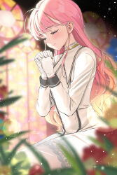 Rule 34 | 1girl, backlighting, blush, brown thighhighs, closed eyes, closed mouth, commission, dress, garter straps, gloves, highres, indoors, lens flare, light particles, long hair, original, own hands clasped, own hands together, pink hair, see-through, sitting, smile, solo, stained glass, thighhighs, twin (tt lsh), white dress, white gloves, window