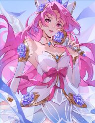 Rule 34 | 1girl, bclarissart, bow, crystal rose seraphine, detached sleeves, dress, flower, hair flower, hair ornament, highres, holding, holding microphone, league of legends, long hair, looking at viewer, microphone, pink bow, pink eyes, pink hair, pink lips, ribbon, solo, strapless, strapless dress, white dress
